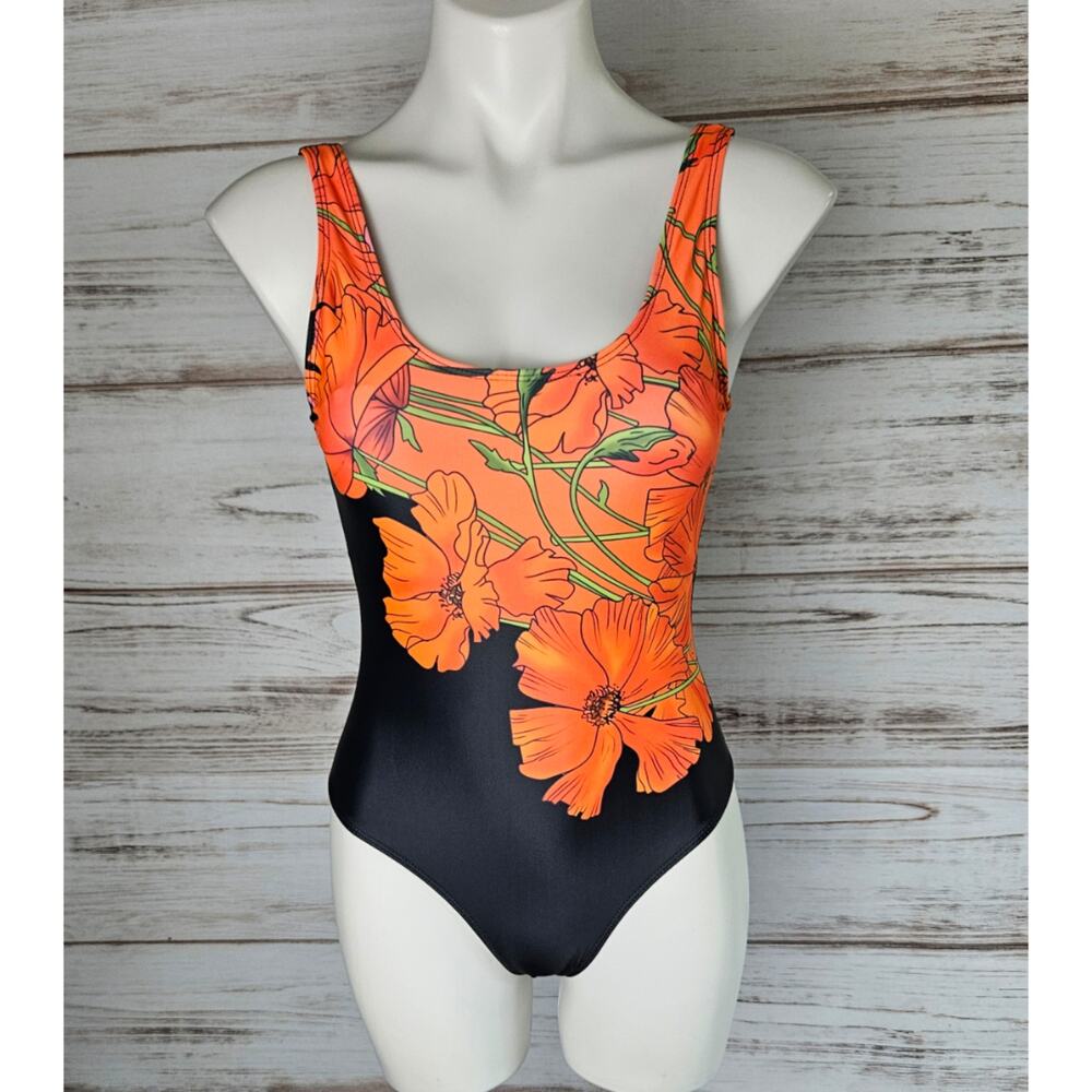 Shein Orange and Black Hawaiian Hibiscus Flower Bathingsuit sz S
